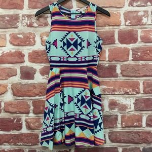 GB Gianni Bini Women’s Aqua Blue Pink Aztec Style Abstract Zip Up Dress
